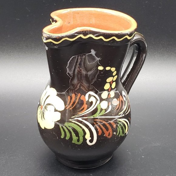 Source Unknown Other - HUNGARIAN Redware Hand Painted Brown Floral Beige Green Glazed Handled Pitcher